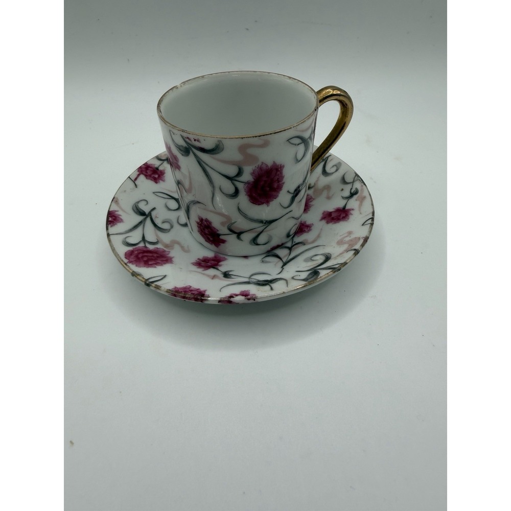 Vintage Carnation 6086 Porcelain Demitasse Cup Saucer Pink Floral Gold Trim